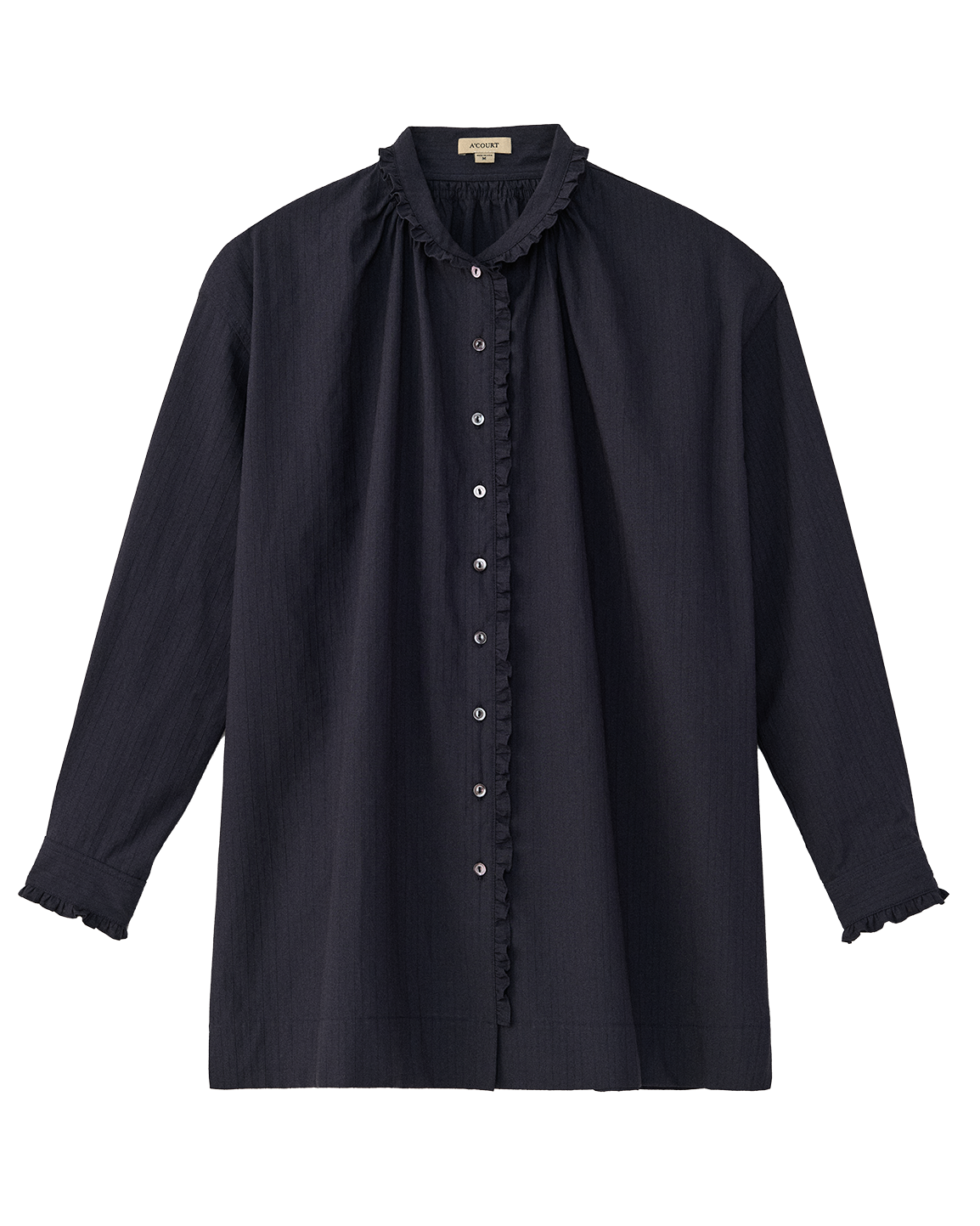 Navy shirt with a ruffled collar on a white background