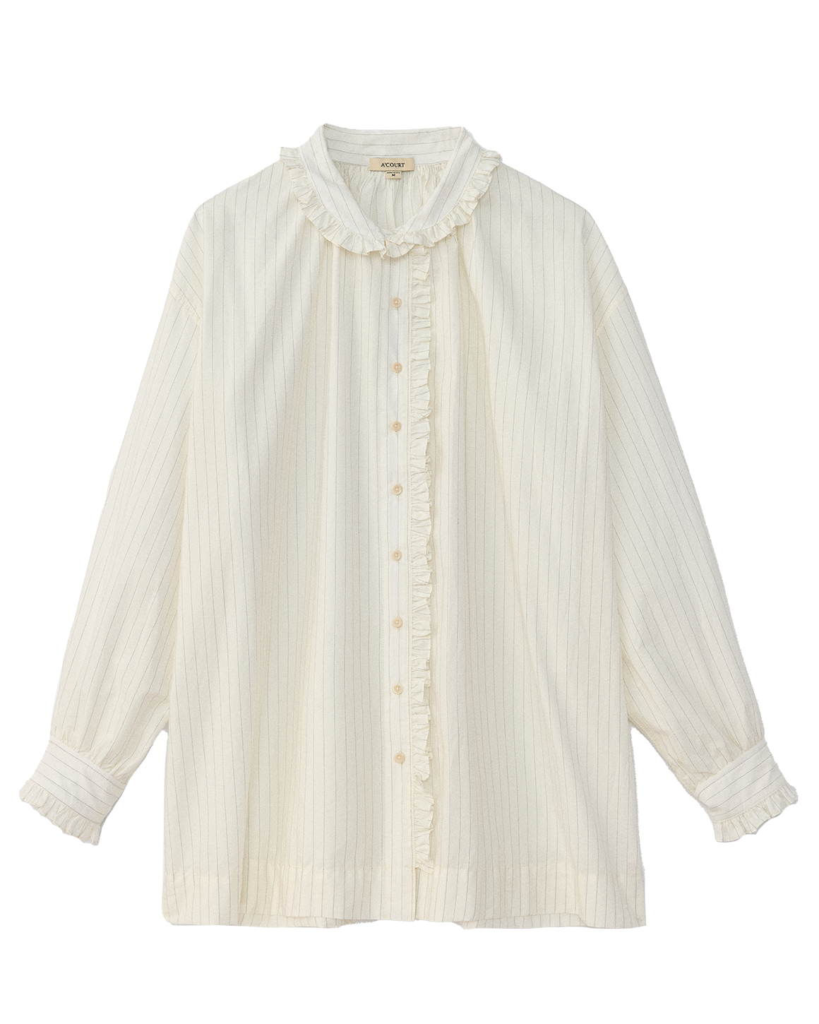 White striped shirt with a ruffle collar, placket and cuff on a white background