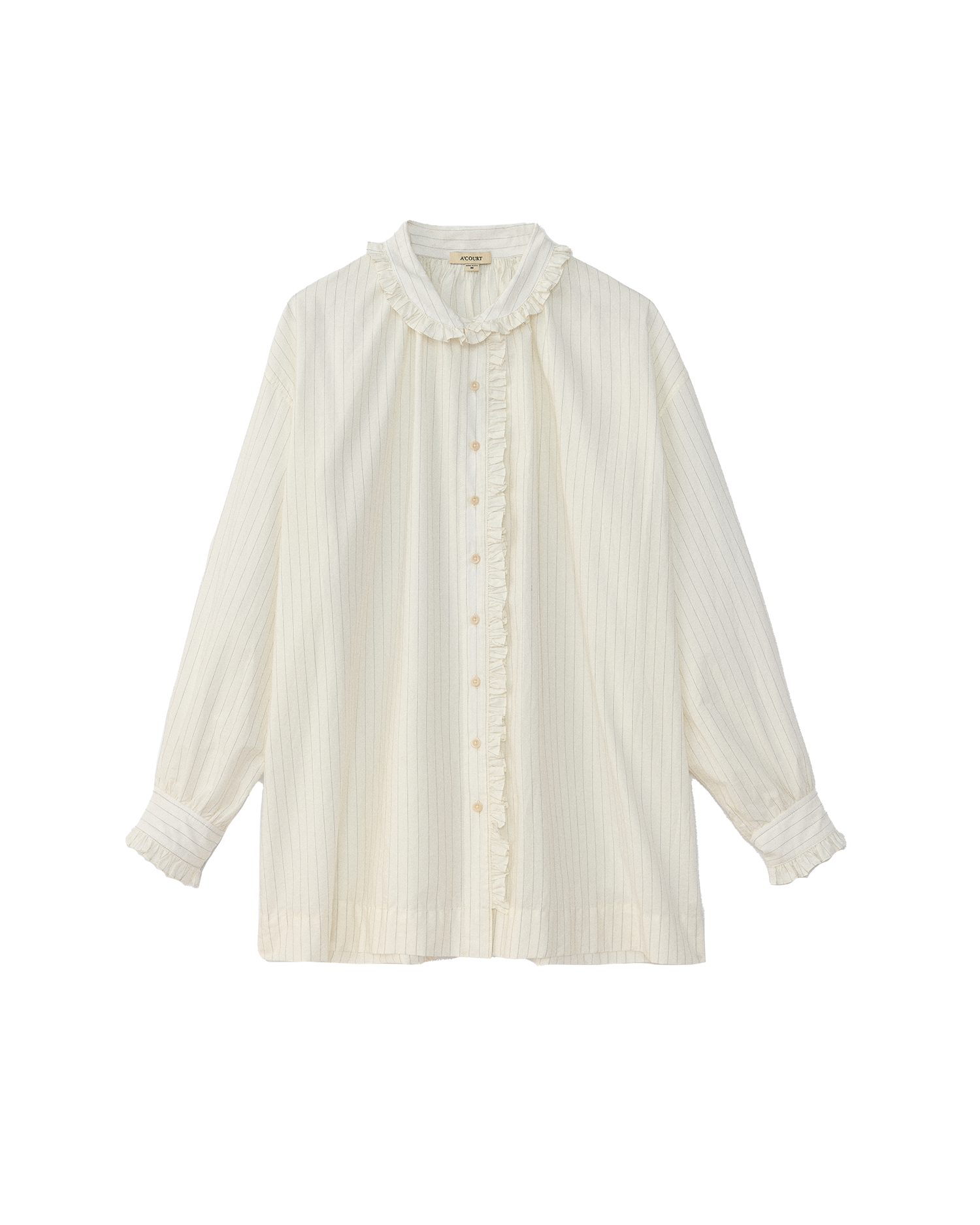 White striped shirt with a ruffle collar, placket and cuff on a white background
