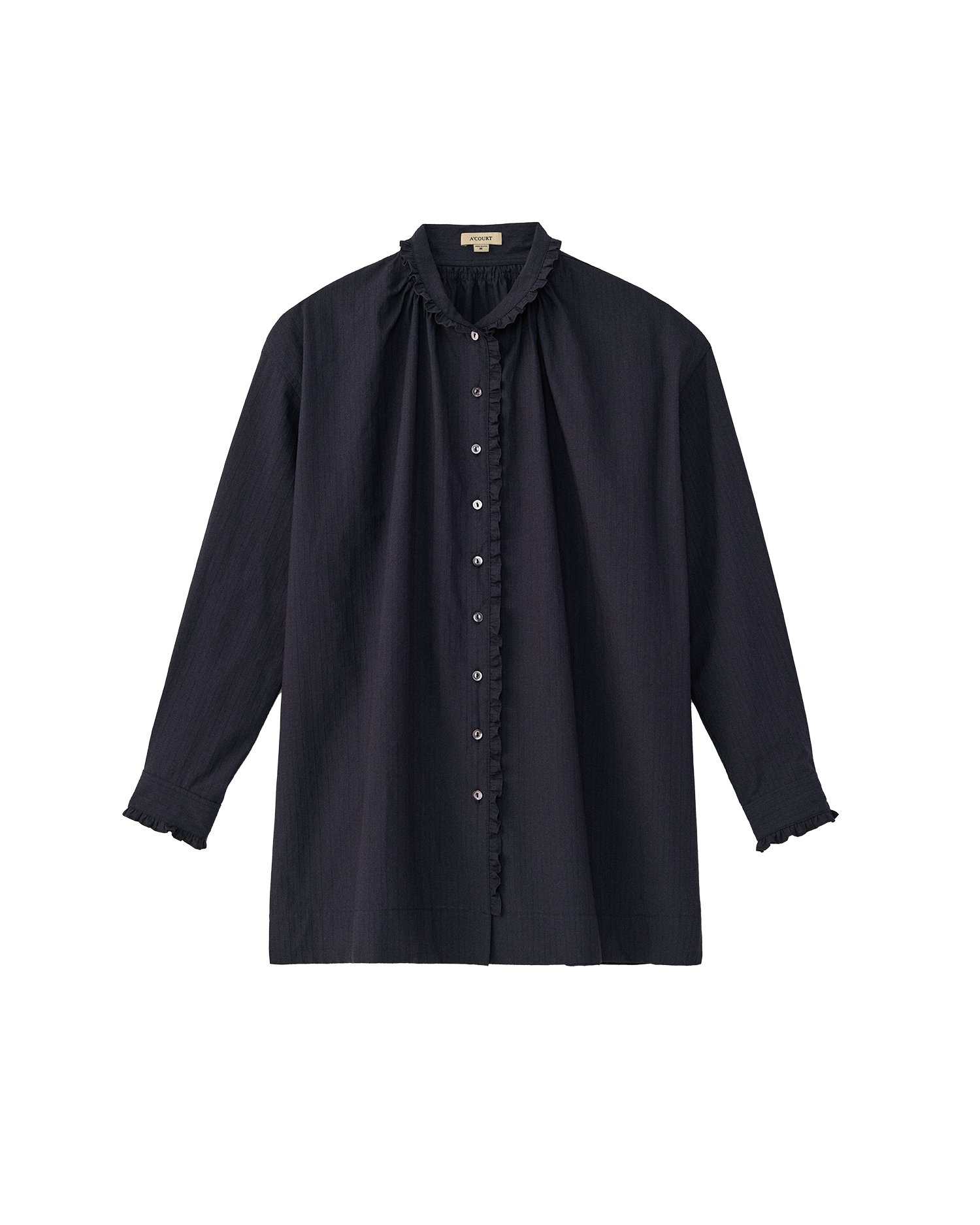 Navy shirt with a ruffled collar on a white background