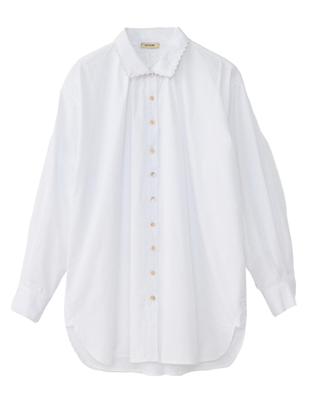 White shirt with tan buttons on a white background