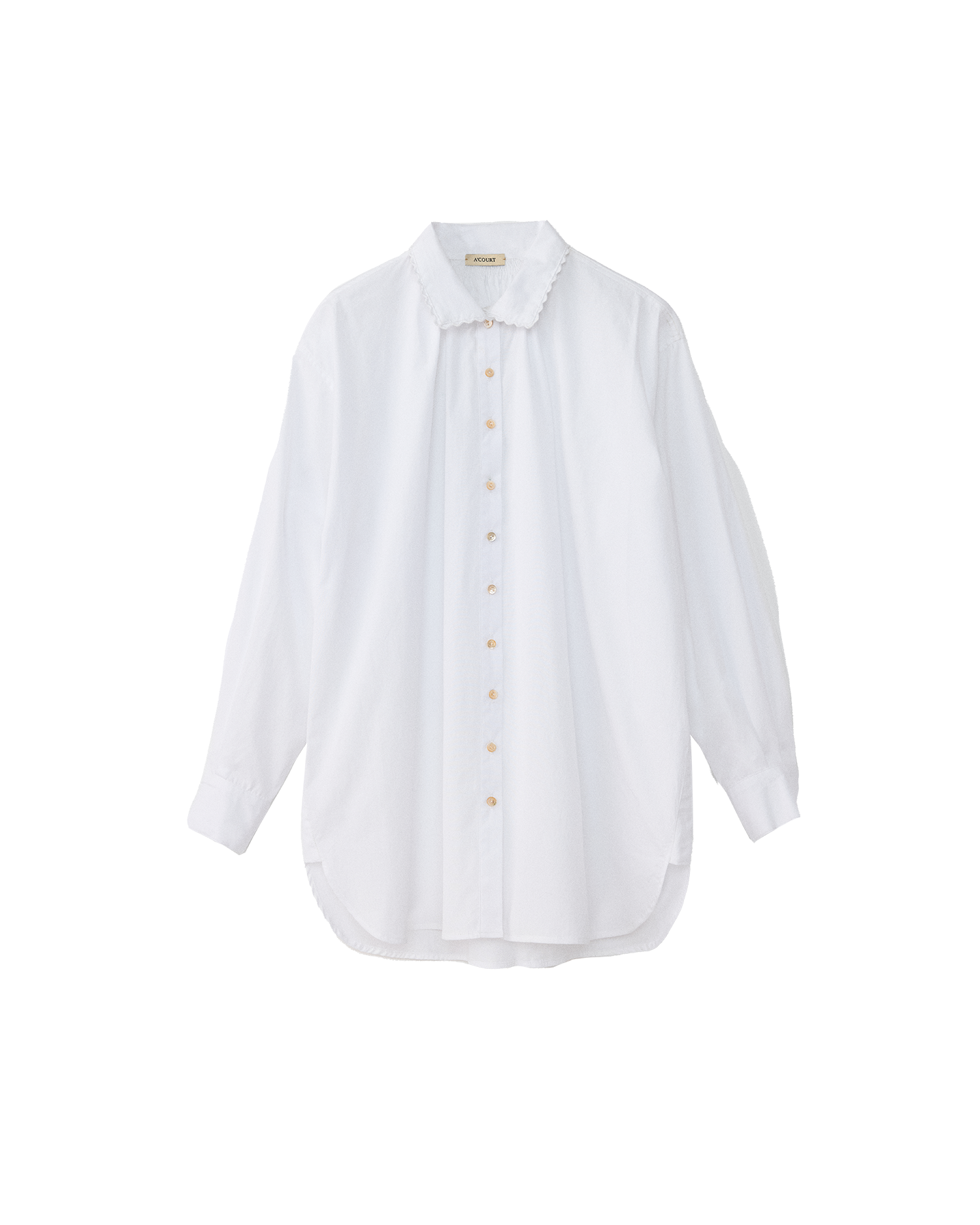 White shirt with tan buttons on a white background